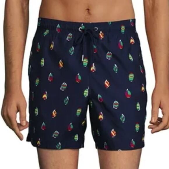 Lands End L Mens Volley Swim Trunks UPF 50 Deep Sea Navy Sailboats - Picture 1 of 11